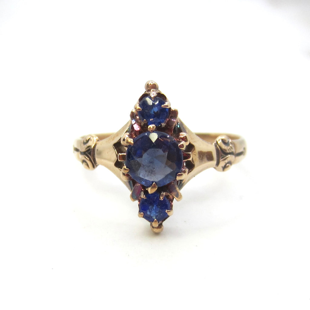 Antique Victorian 14k Gold Natural Sapphire Three Stone Ring c.1890s