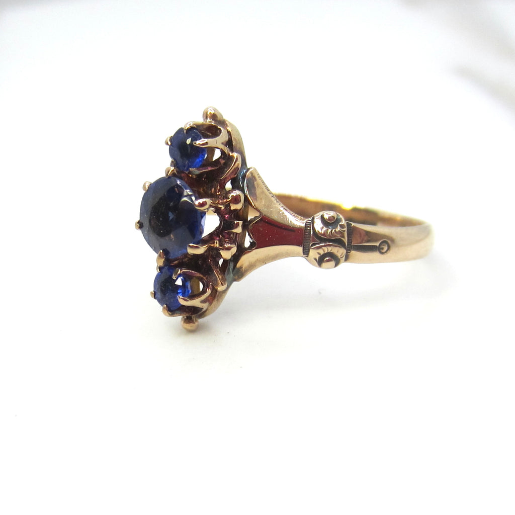 Antique Victorian 14k Gold Natural Sapphire Three Stone Ring c.1890s