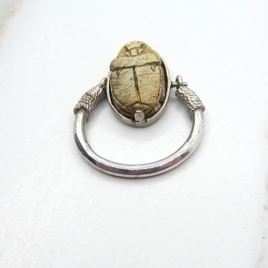 Antique Faience Scarab Flip Ring / Sterling Silver Egyptian Revival Scarab Ring c.1970s