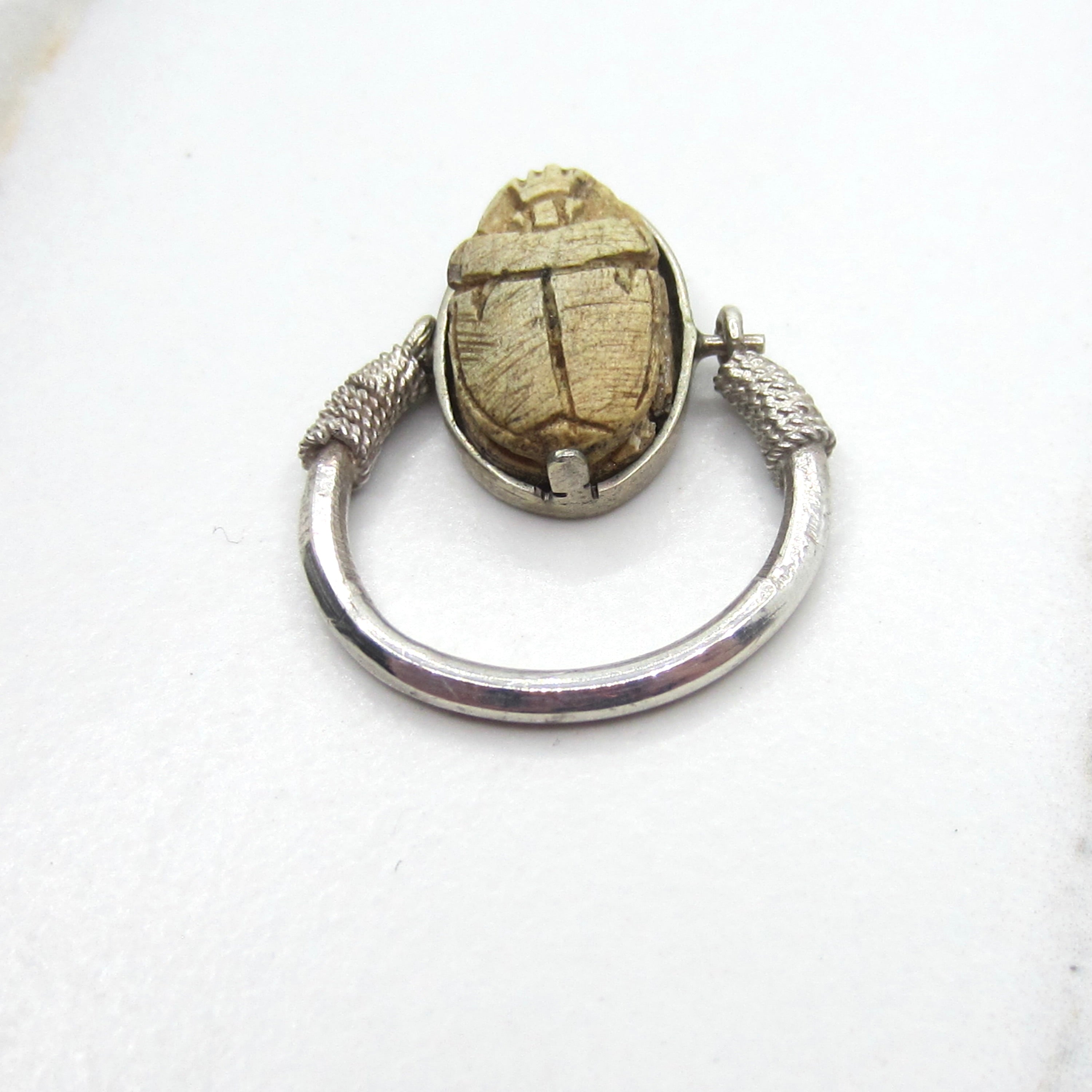 Antique Faience Scarab Flip Ring / Sterling Silver Egyptian Revival Scarab Ring c.1970s