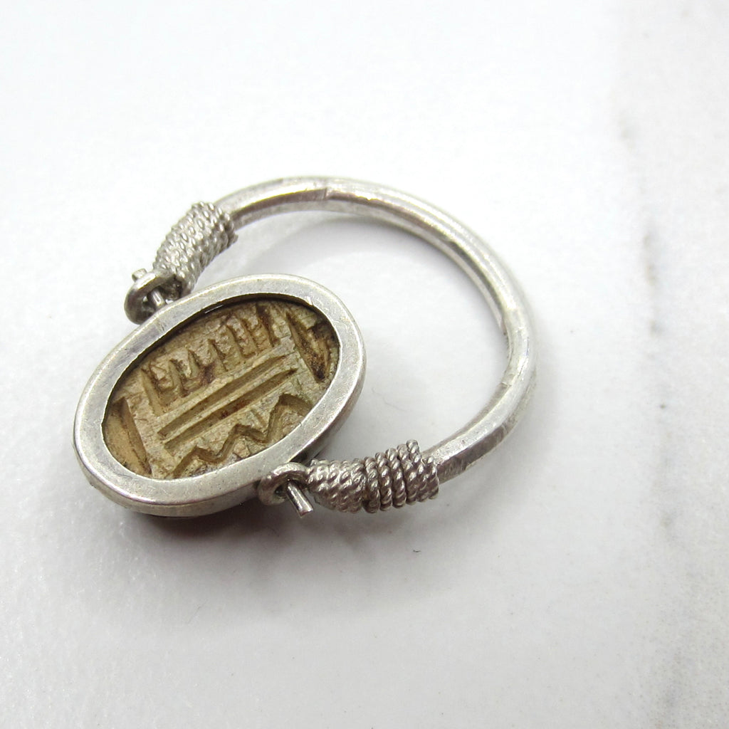 Antique Faience Scarab Flip Ring / Sterling Silver Egyptian Revival Scarab Ring c.1970s