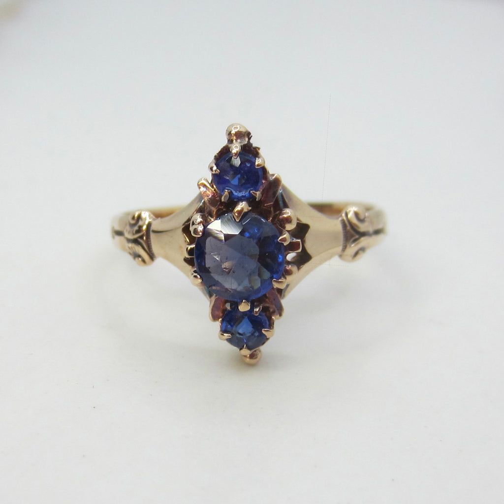 Antique Victorian 14k Gold Natural Sapphire Three Stone Ring c.1890s