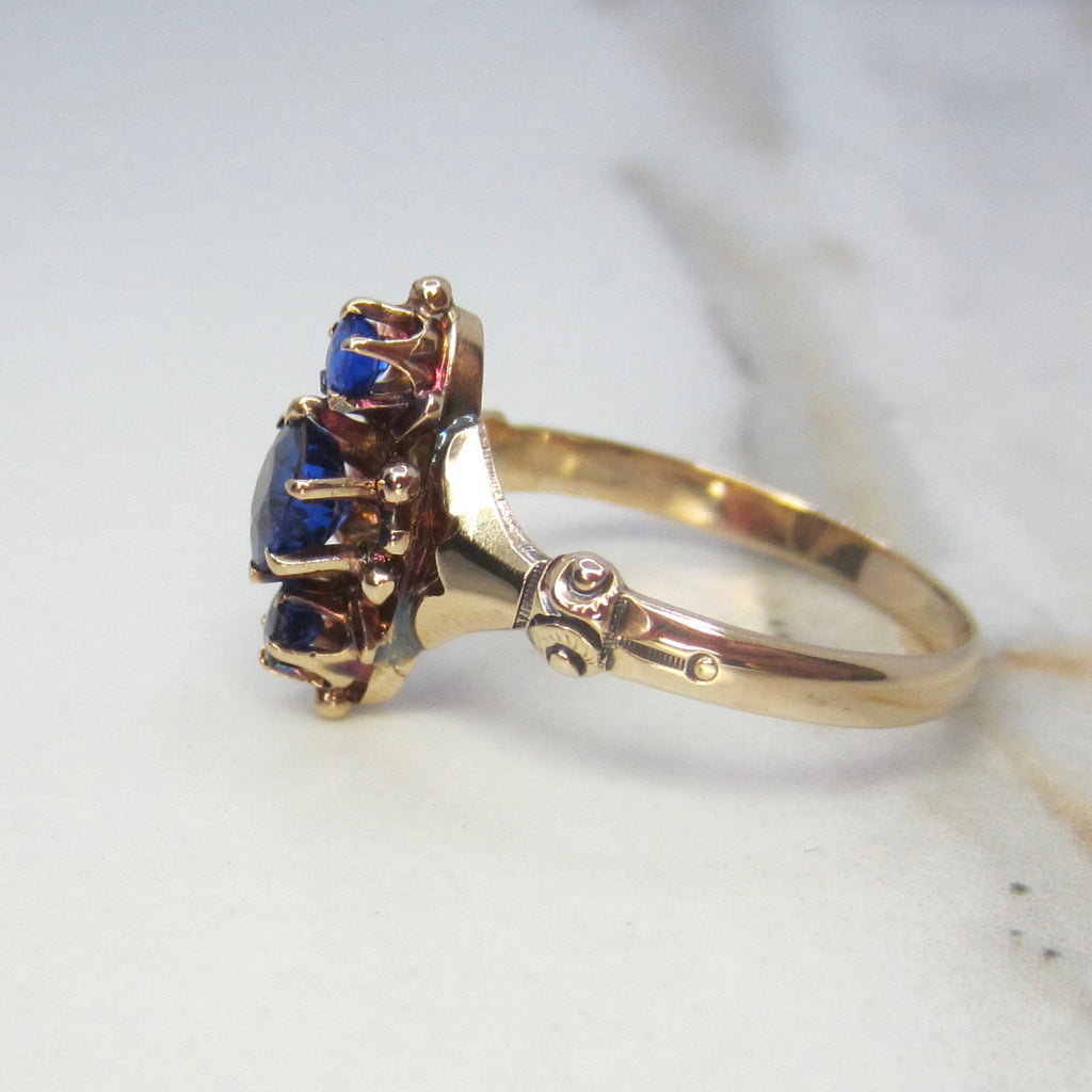 Antique Victorian 14k Gold Natural Sapphire Three Stone Ring c.1890s