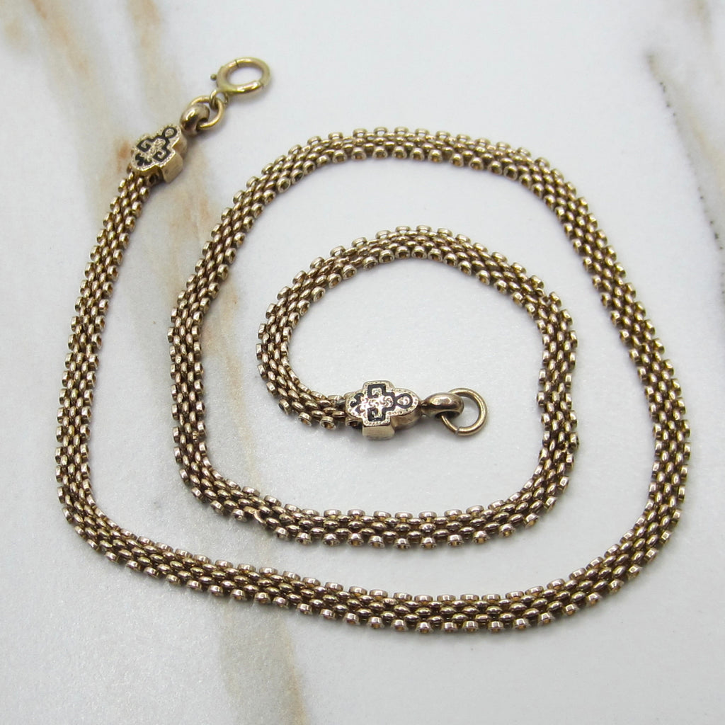 Antique Victorian 14K Gold Black Enamel Woven Chain Necklace c.1880s