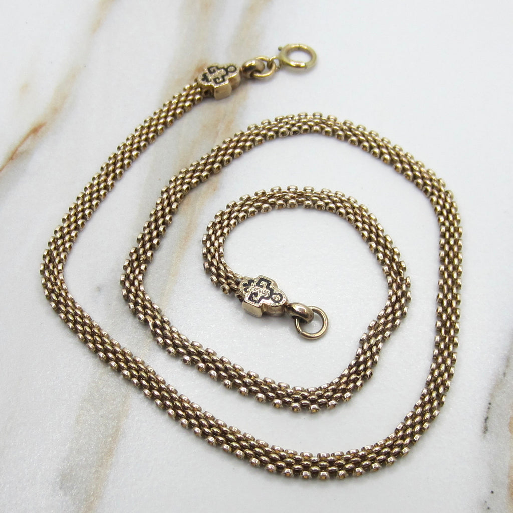 Antique Victorian 14K Gold Black Enamel Woven Chain Necklace c.1880s