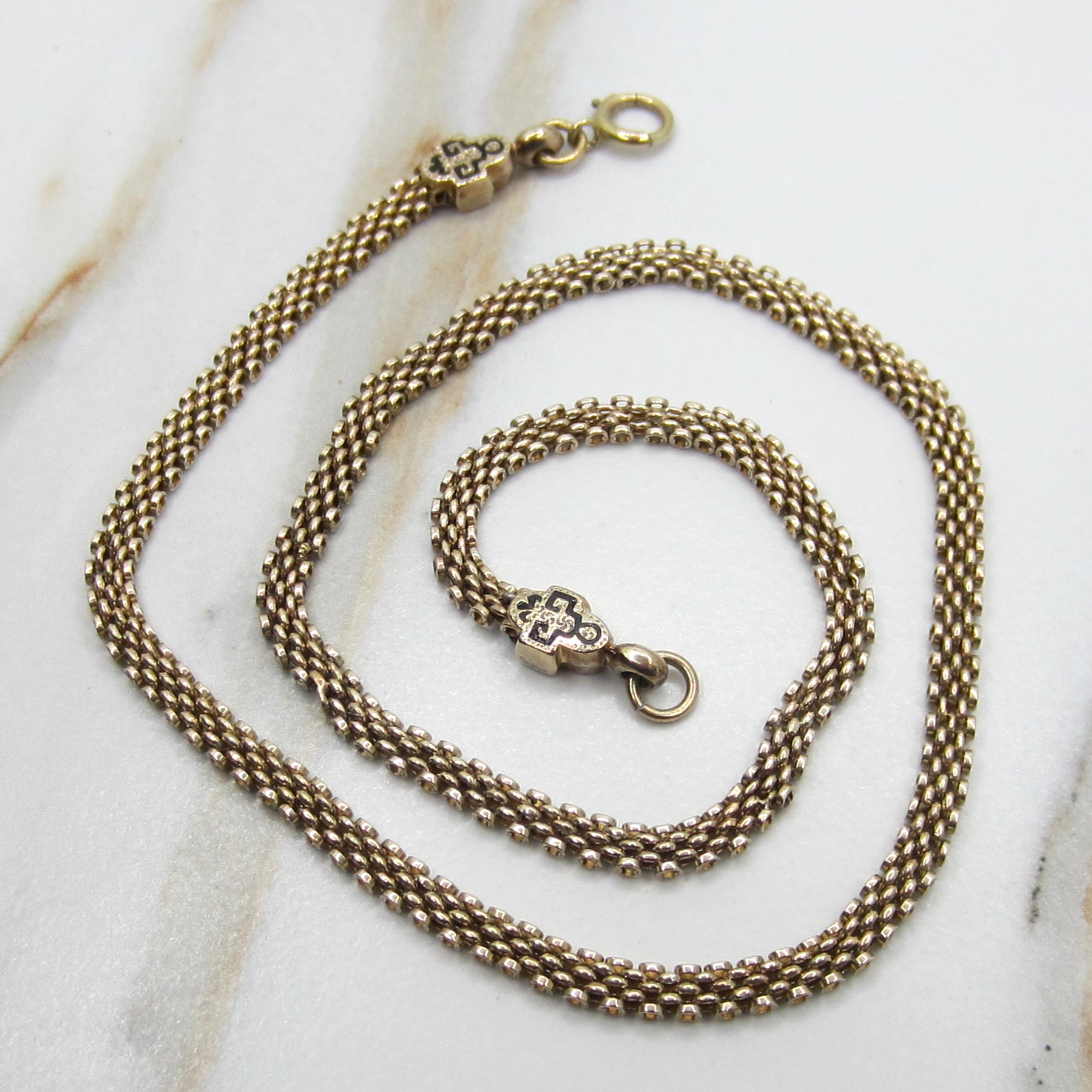 Antique Victorian 14K Gold Black Enamel Woven Chain Necklace c.1880s