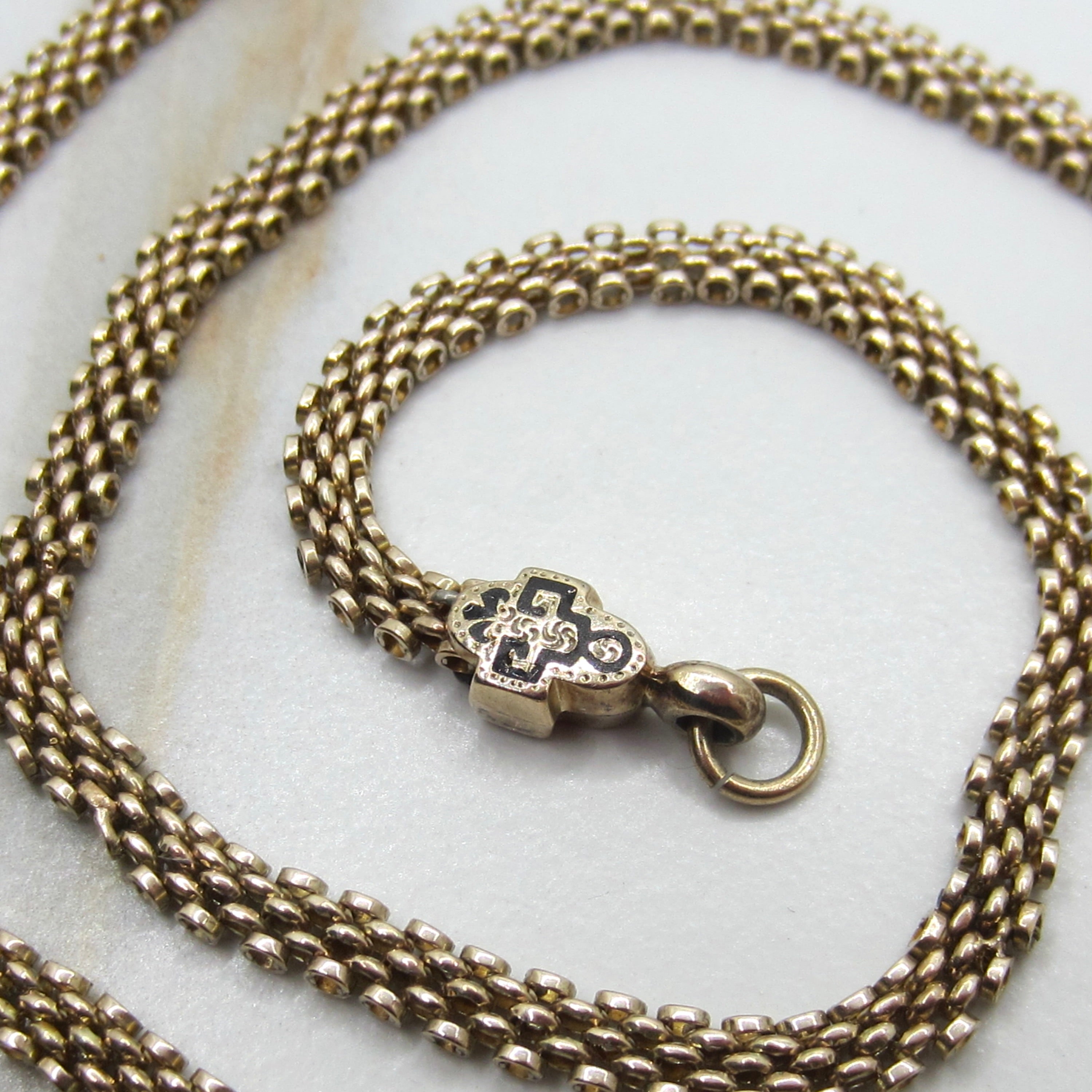 Antique Victorian 14K Gold Black Enamel Woven Chain Necklace c.1880s