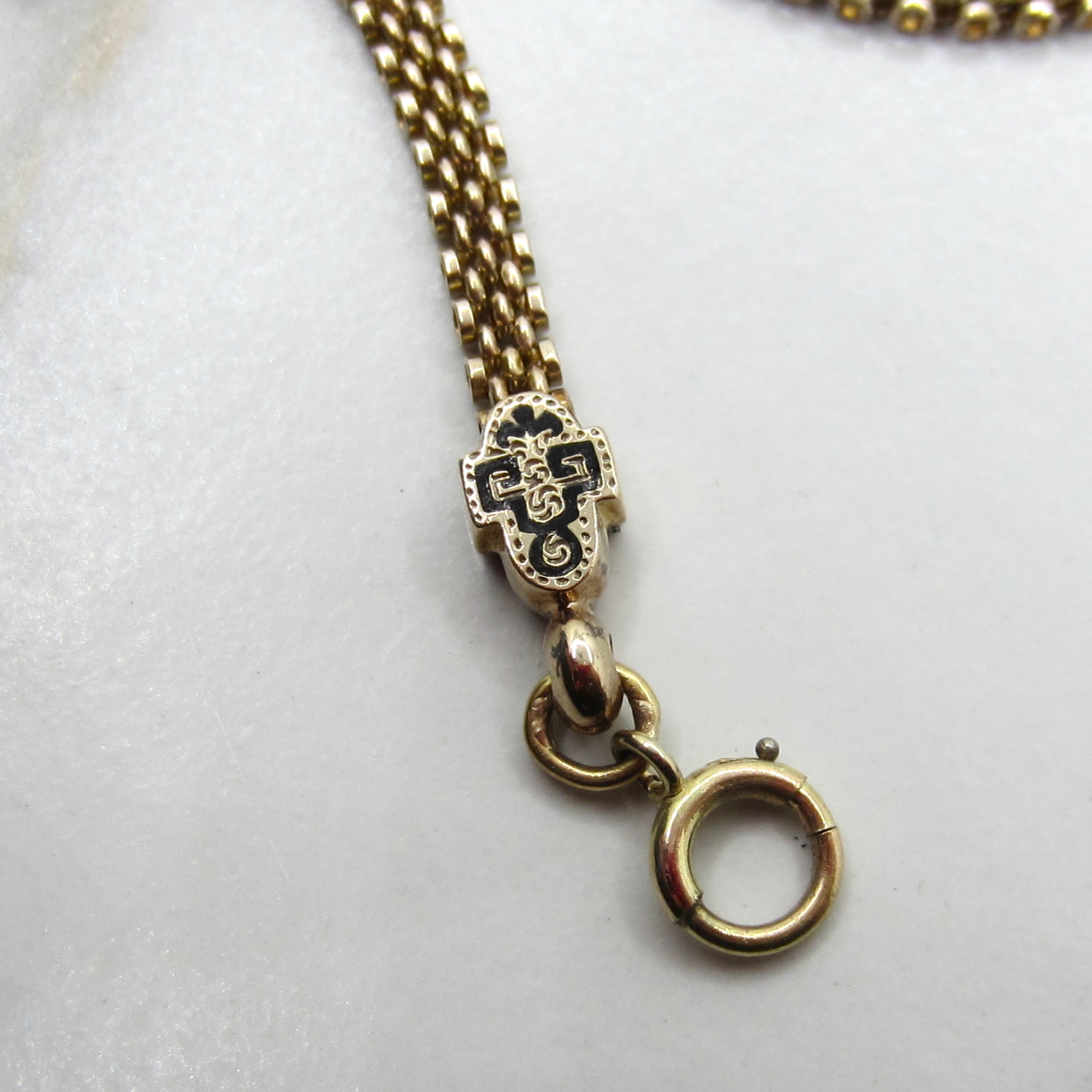 Antique Victorian 14K Gold Black Enamel Woven Chain Necklace c.1880s