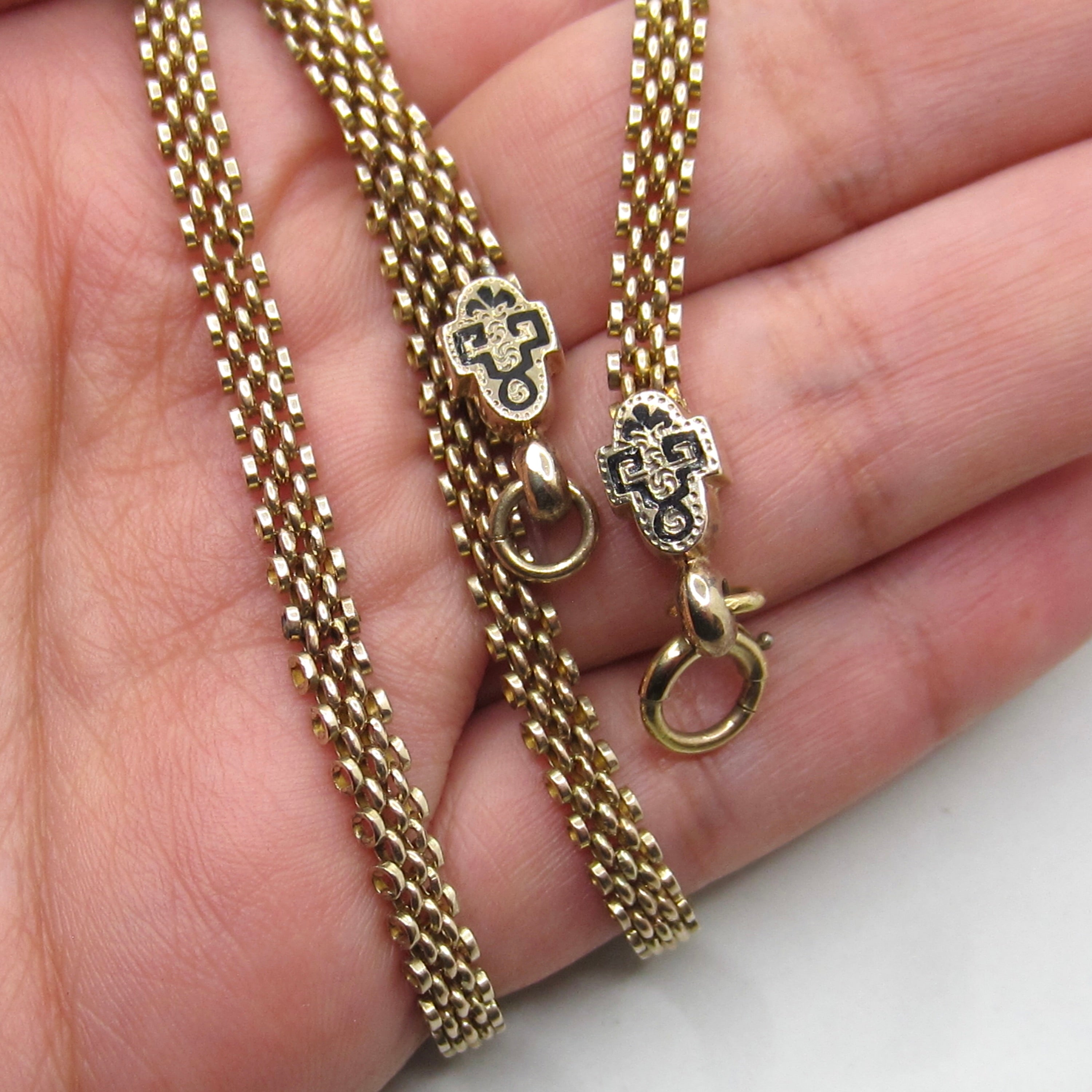 Antique Victorian 14K Gold Black Enamel Woven Chain Necklace c.1880s