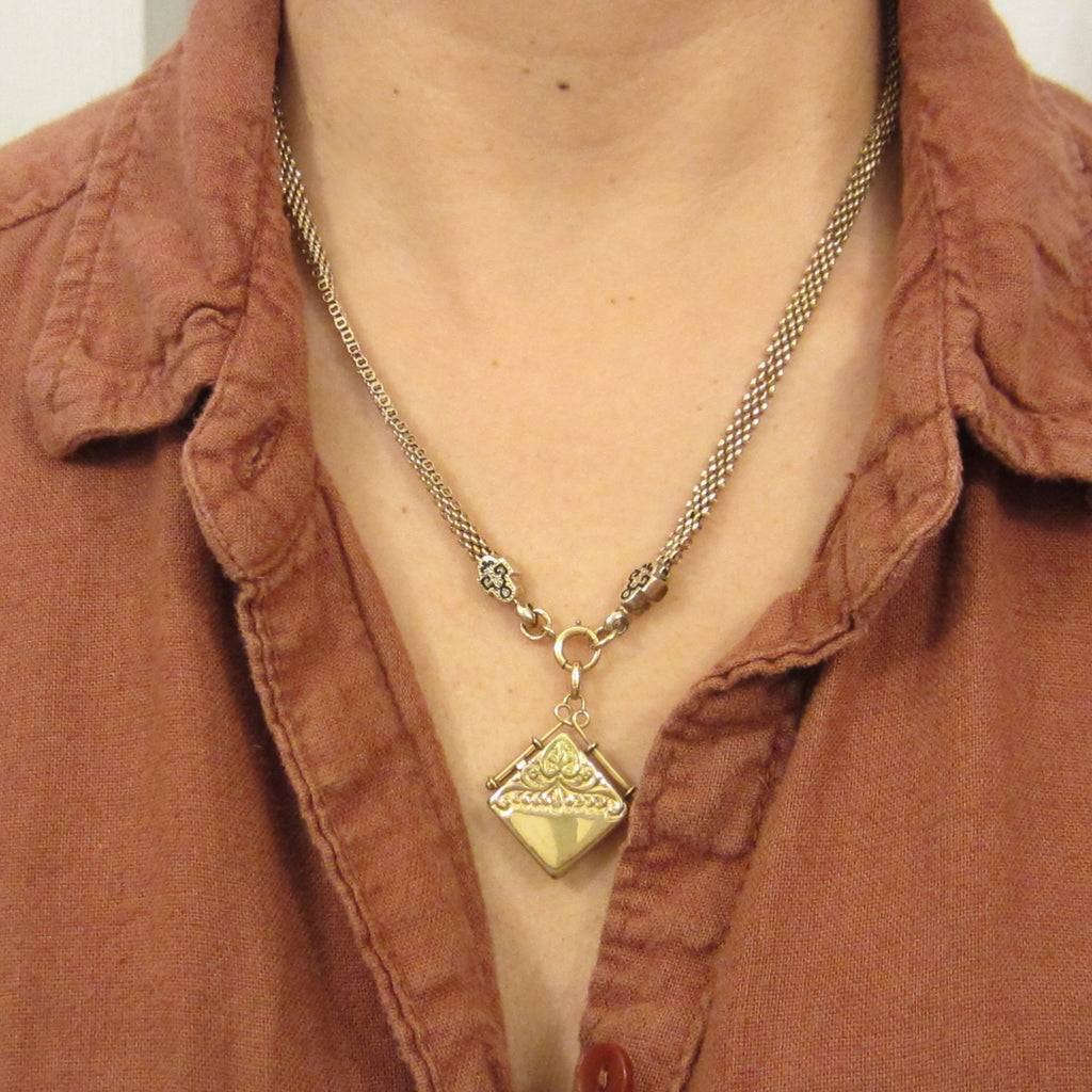 Antique Victorian 14K Gold Black Enamel Woven Chain Necklace c.1880s