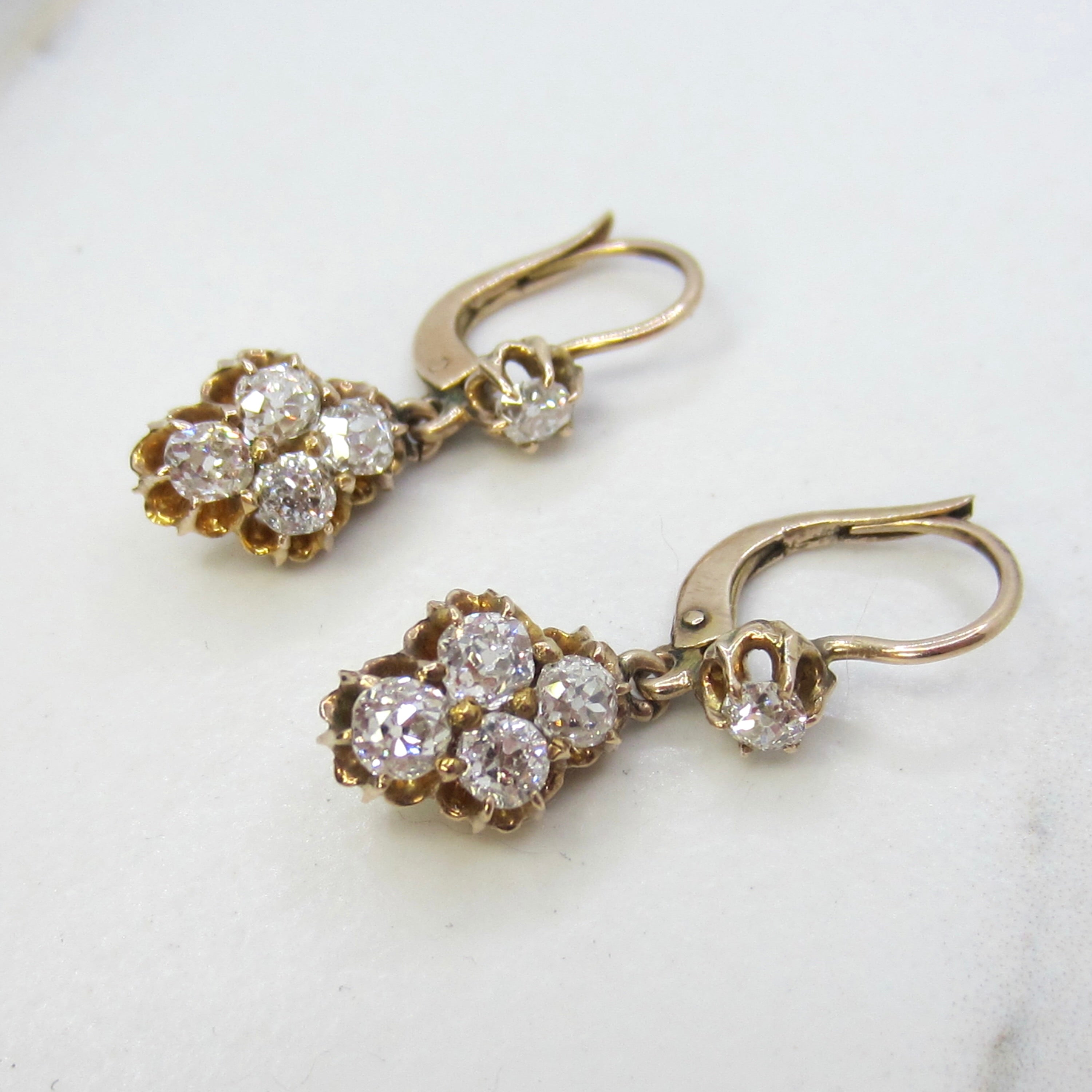 Antique Victorian 1.50ctw 14k Gold Natural Old Mine Cut Diamond Cluster Drop Earrings c.1890s