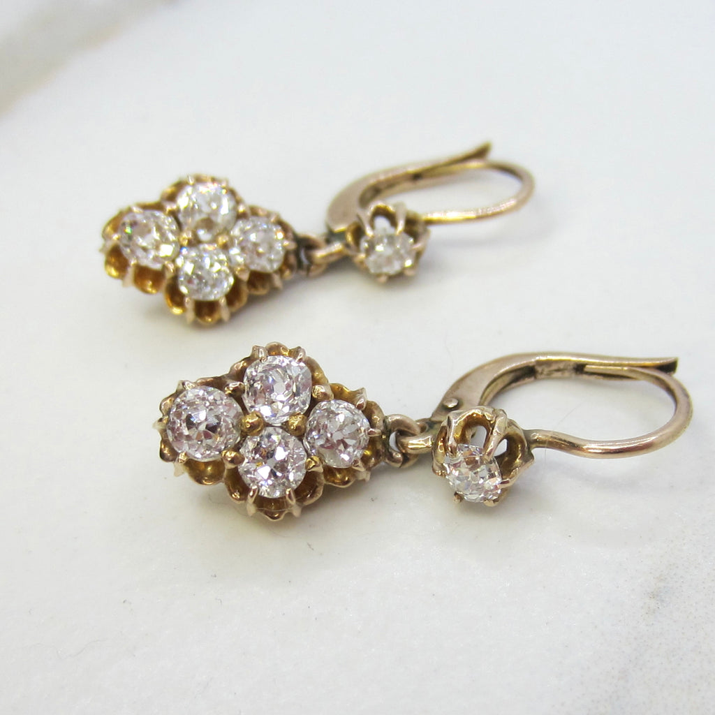 Antique Victorian 1.50ctw 14k Gold Natural Old Mine Cut Diamond Cluster Drop Earrings c.1890s