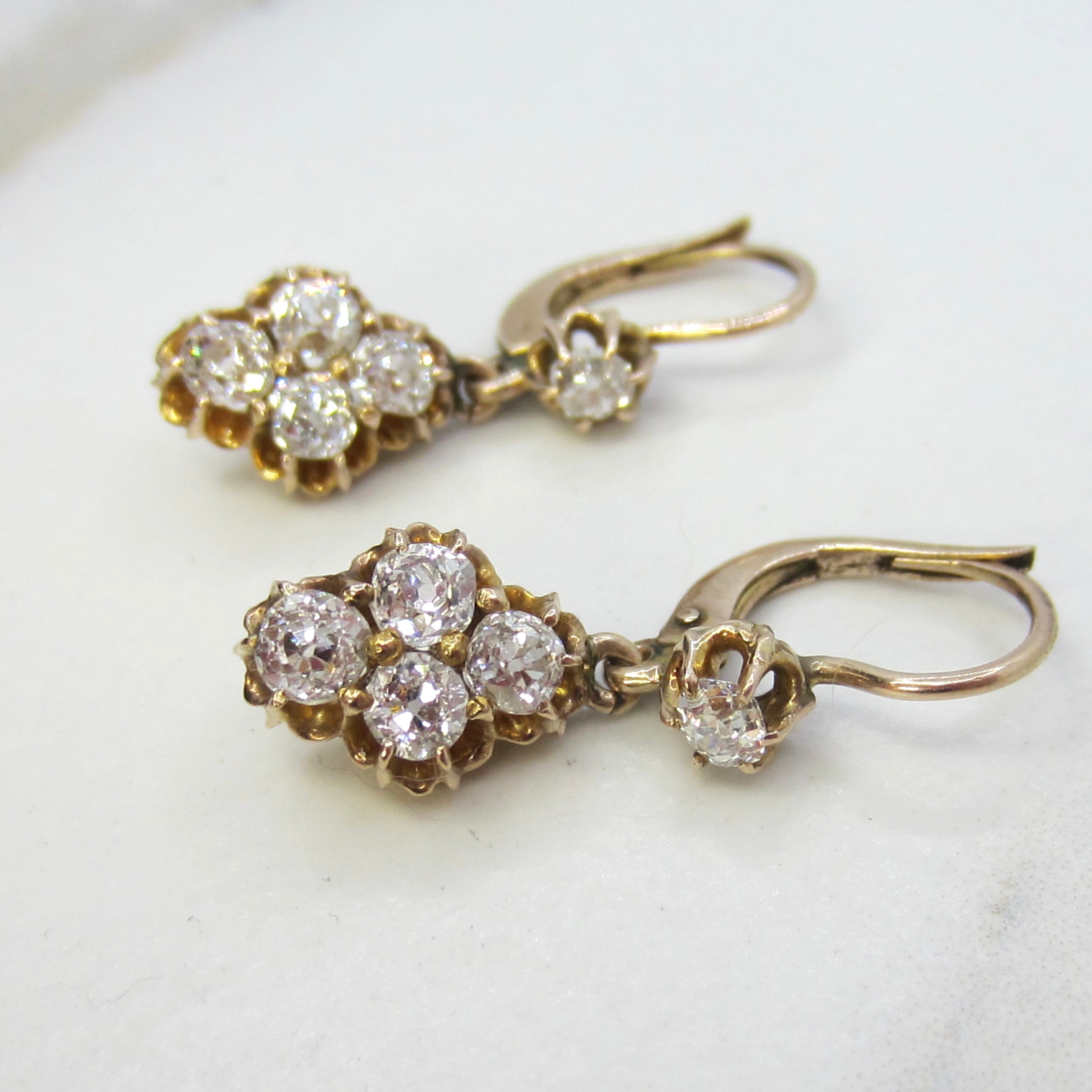Antique Victorian 1.50ctw 14k Gold Natural Old Mine Cut Diamond Cluster Drop Earrings c.1890s