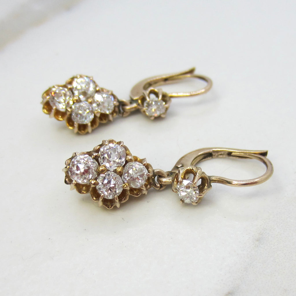 Antique Victorian 1.50ctw 14k Gold Natural Old Mine Cut Diamond Cluster Drop Earrings c.1890s