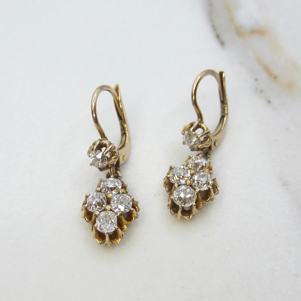Antique Victorian 1.50ctw 14k Gold Natural Old Mine Cut Diamond Cluster Drop Earrings c.1890s