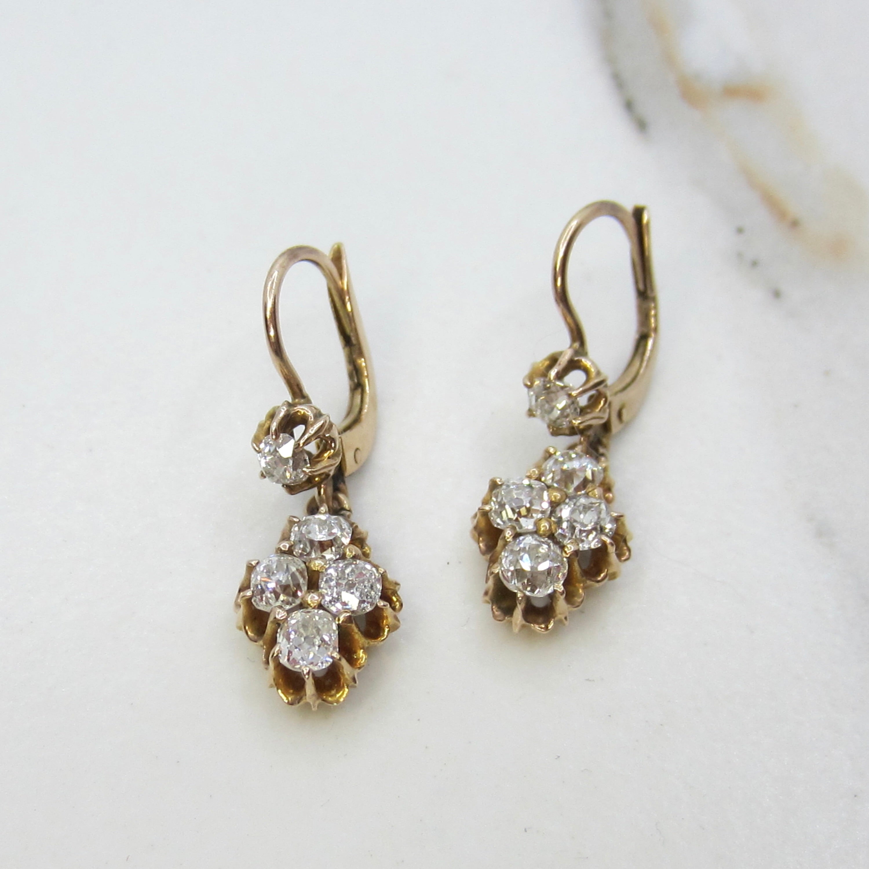 Antique Victorian 1.50ctw 14k Gold Natural Old Mine Cut Diamond Cluster Drop Earrings c.1890s