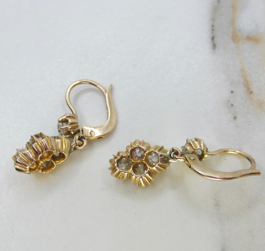Antique Victorian 1.50ctw 14k Gold Natural Old Mine Cut Diamond Cluster Drop Earrings c.1890s