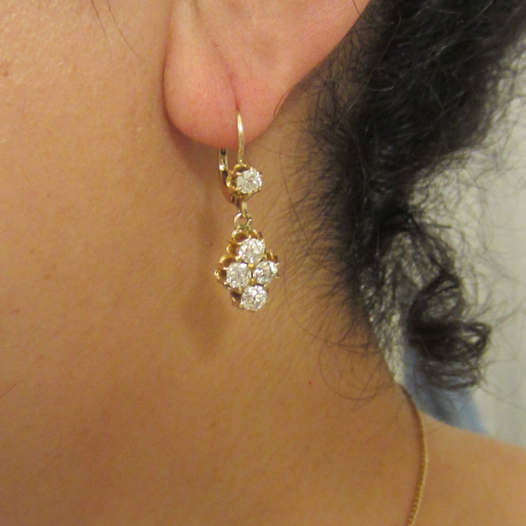 Antique Victorian 1.50ctw 14k Gold Natural Old Mine Cut Diamond Cluster Drop Earrings c.1890s