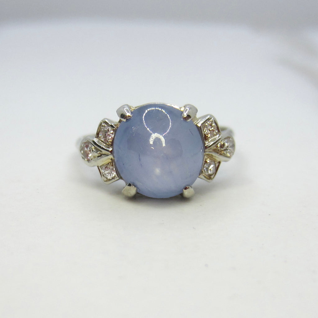 Vintage 14k White Gold Natural Star Sapphire and Diamond Ring c.1940s
