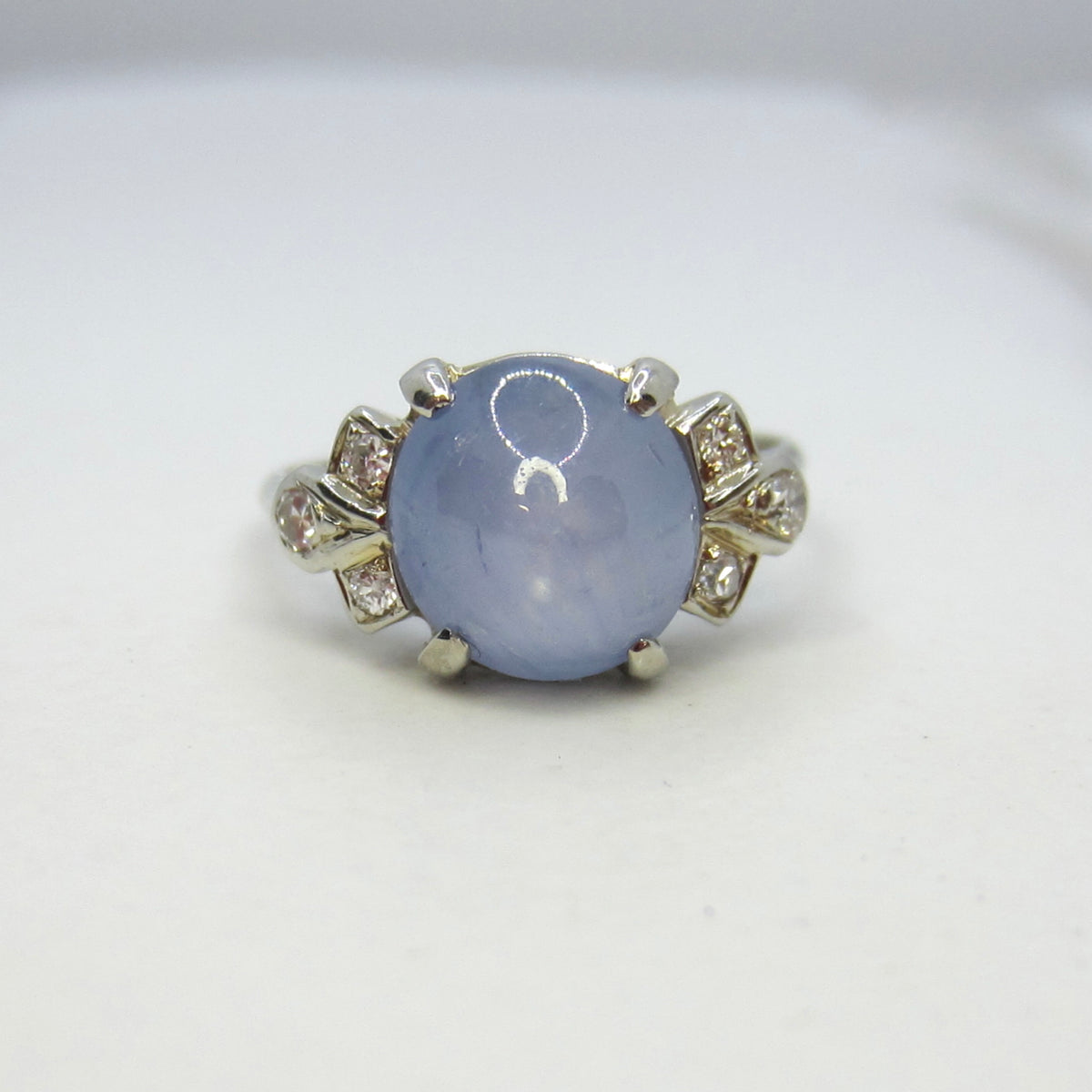 Vintage 14k White Gold Natural Star Sapphire and Diamond Ring c.1940s