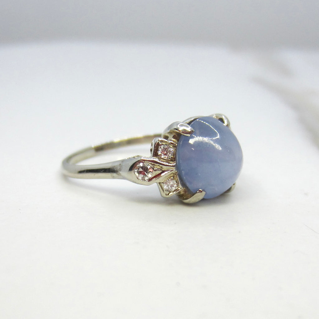 Vintage 14k White Gold Natural Star Sapphire and Diamond Ring c.1940s