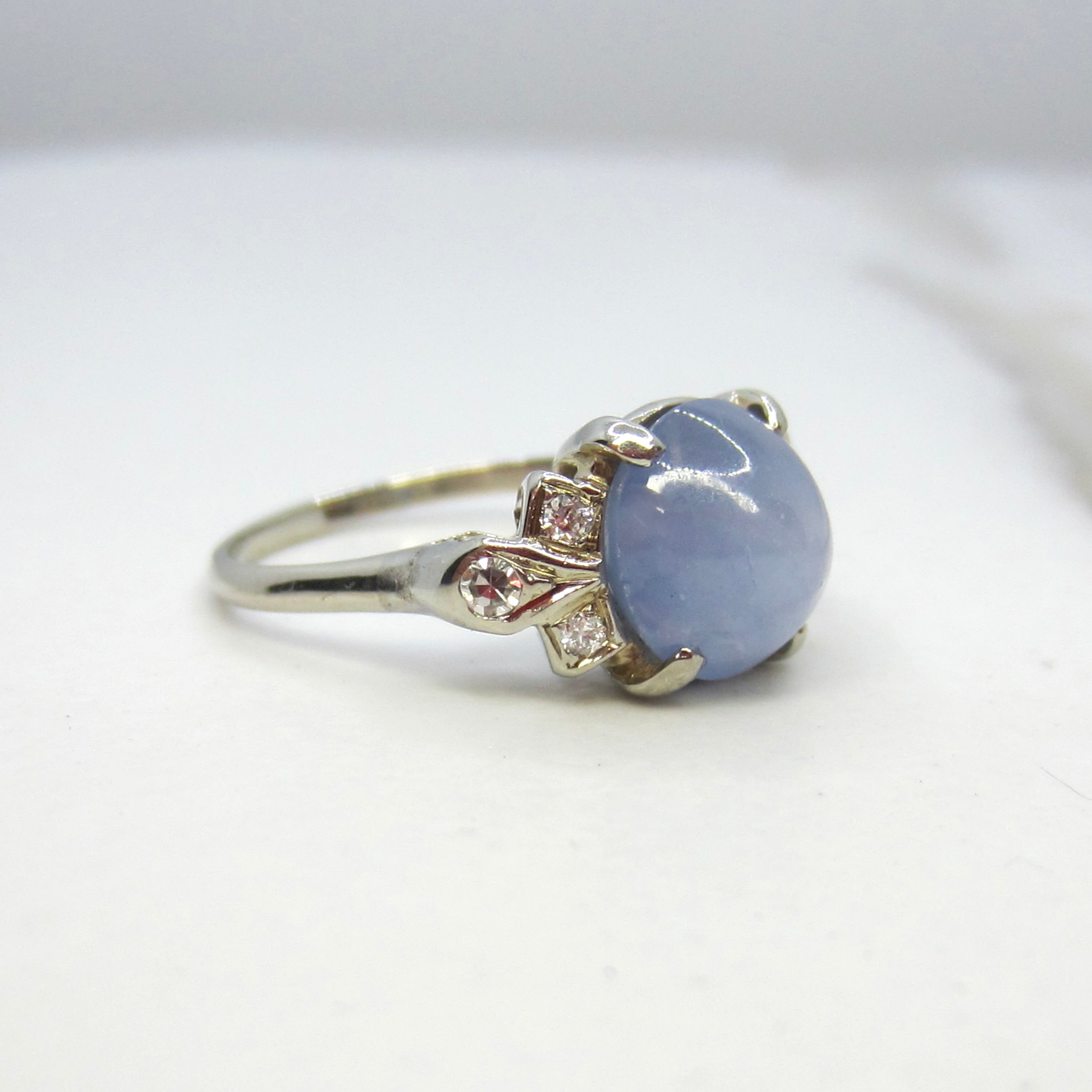 Vintage 14k White Gold Natural Star Sapphire and Diamond Ring c.1940s