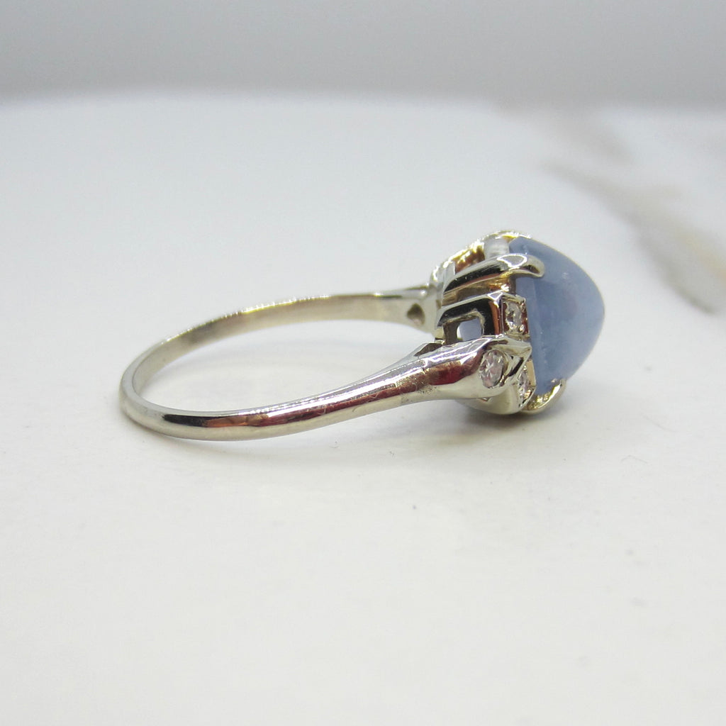 Vintage 14k White Gold Natural Star Sapphire and Diamond Ring c.1940s