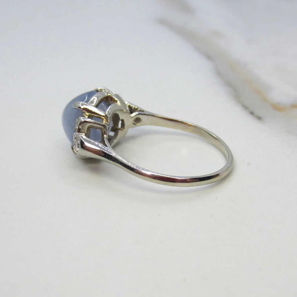 Vintage 14k White Gold Natural Star Sapphire and Diamond Ring c.1940s