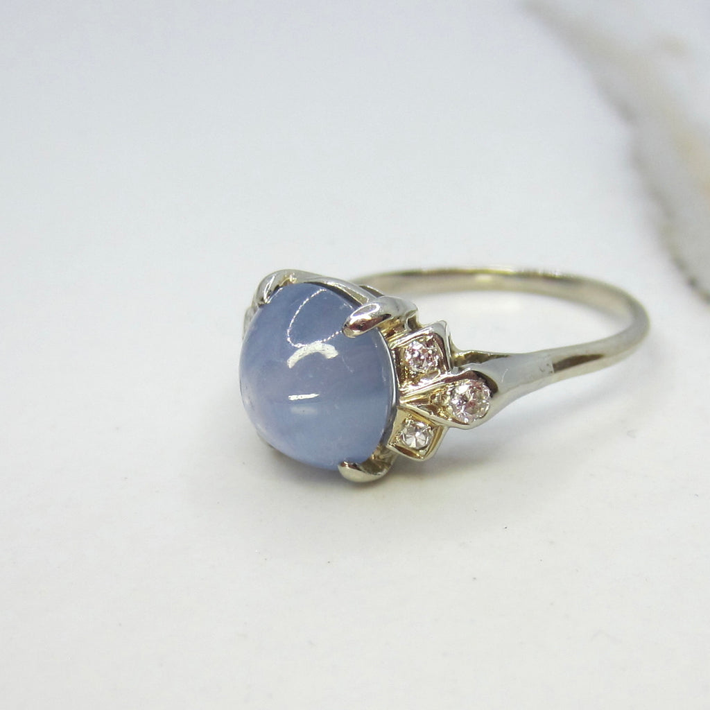Vintage 14k White Gold Natural Star Sapphire and Diamond Ring c.1940s