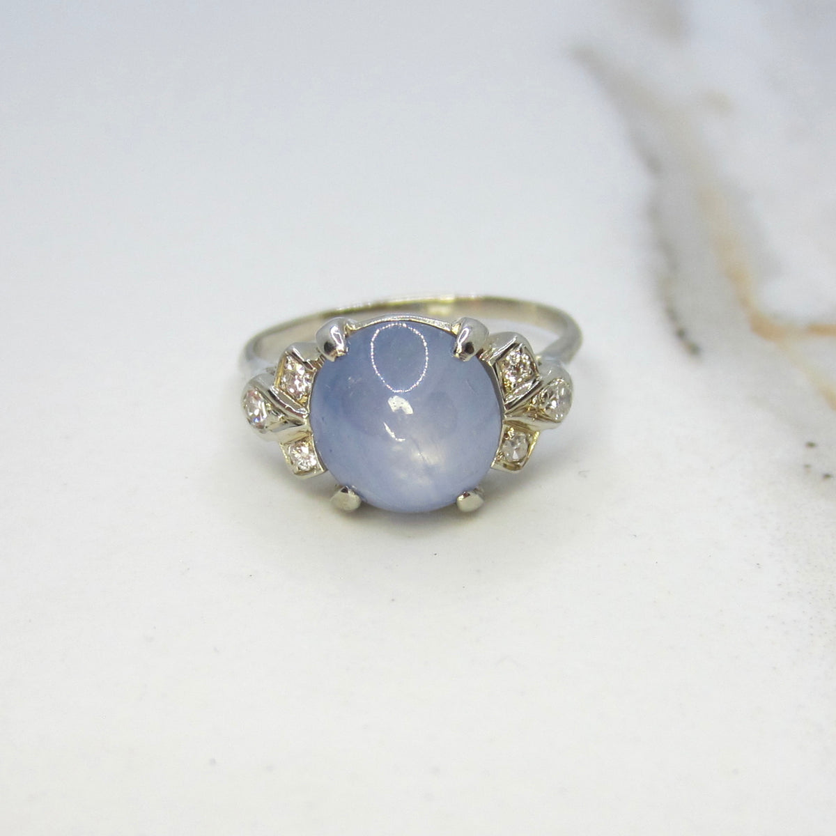 Vintage 14k White Gold Natural Star Sapphire and Diamond Ring c.1940s