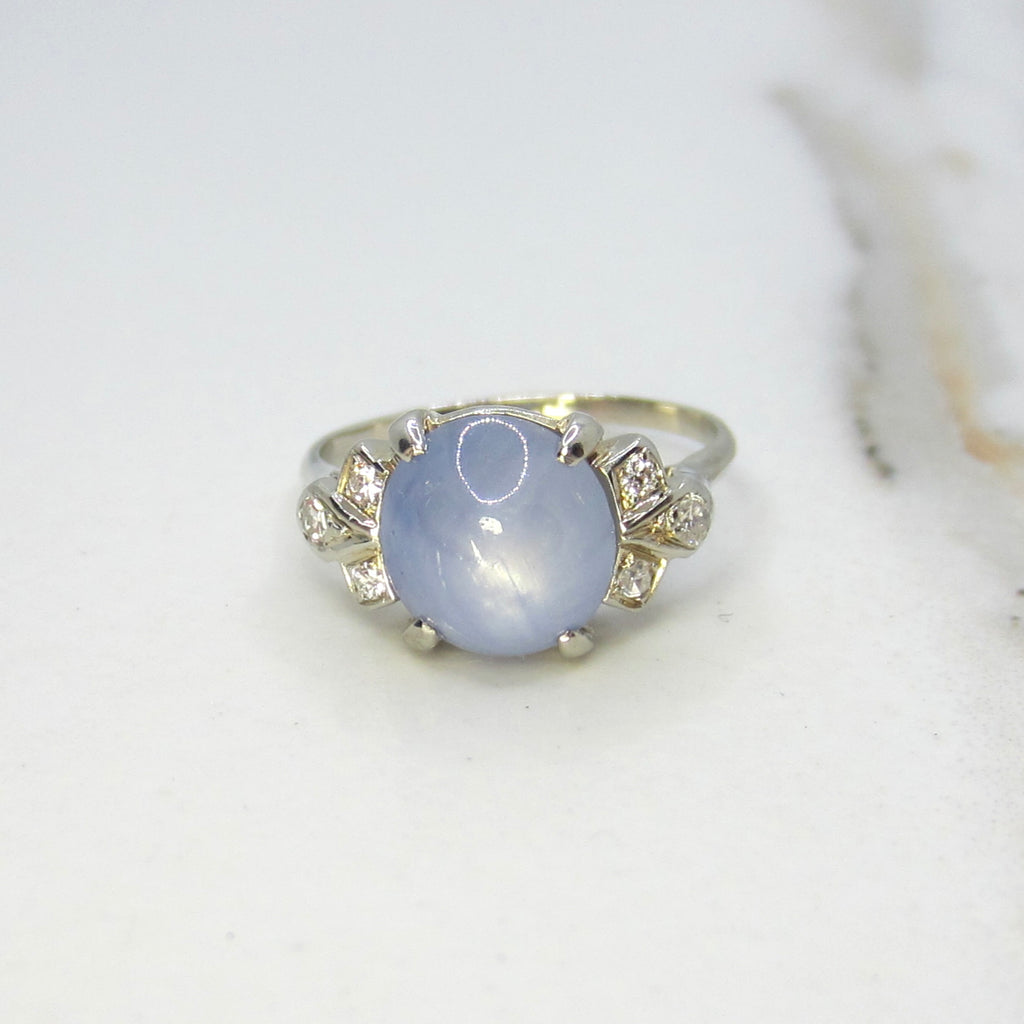 Vintage 14k White Gold Natural Star Sapphire and Diamond Ring c.1940s