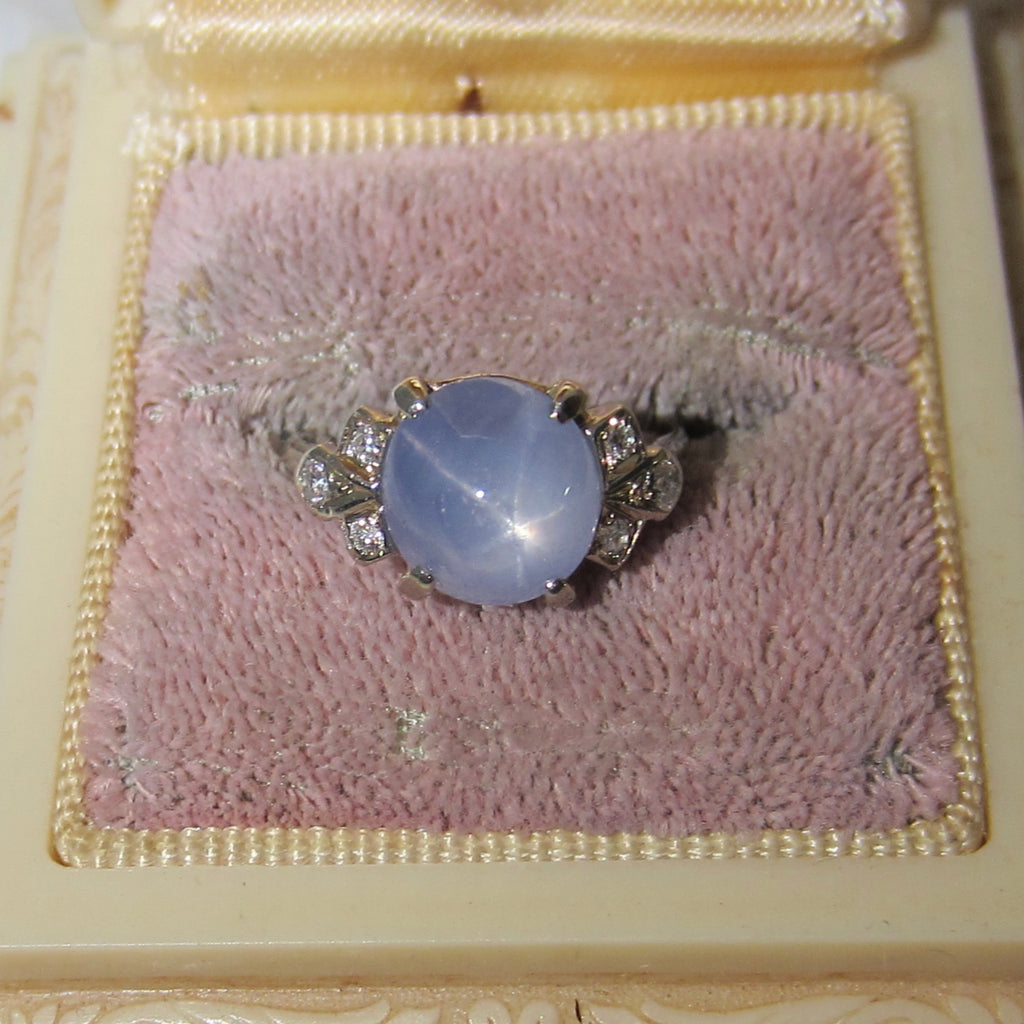 Vintage 14k White Gold Natural Star Sapphire and Diamond Ring c.1940s