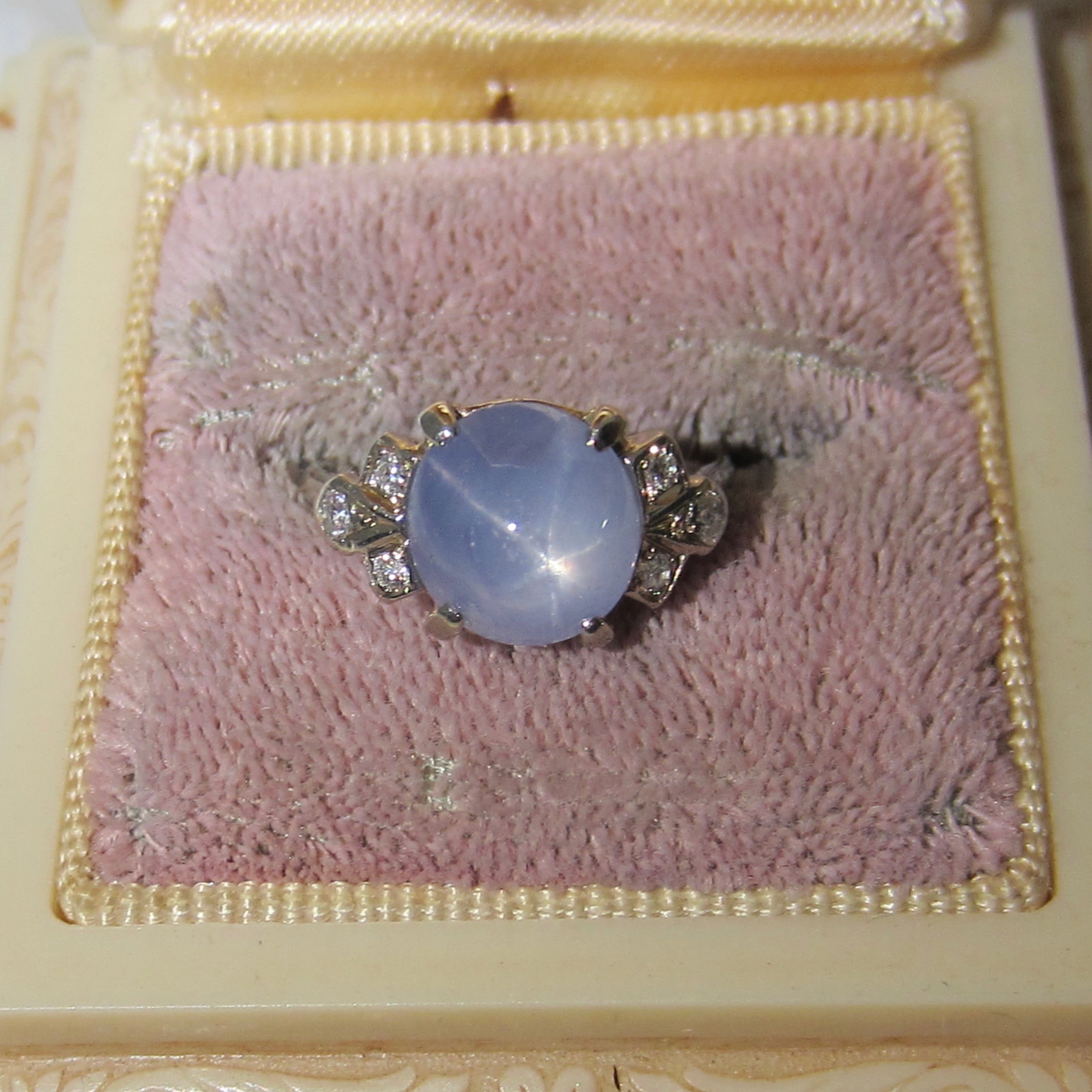 Vintage 14k White Gold Natural Star Sapphire and Diamond Ring c.1940s