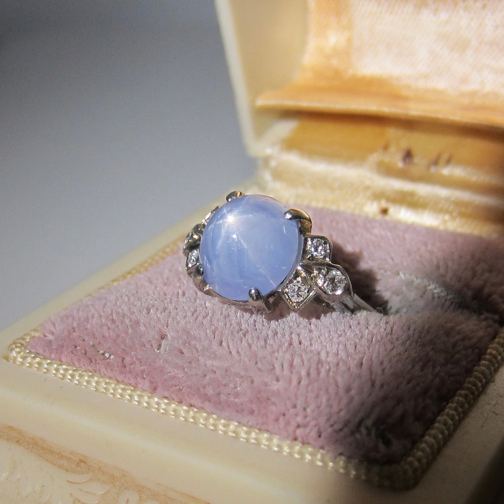 Vintage 14k White Gold Natural Star Sapphire and Diamond Ring c.1940s