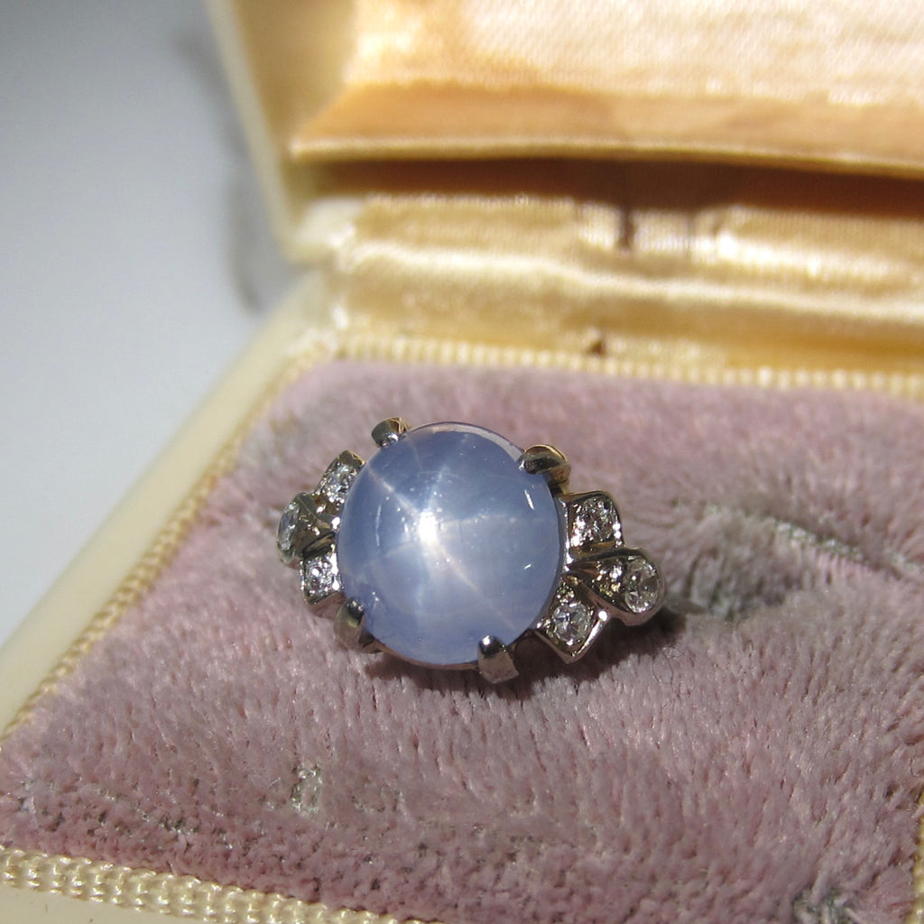 Vintage 14k White Gold Natural Star Sapphire and Diamond Ring c.1940s