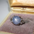 Vintage 14k White Gold Natural Star Sapphire and Diamond Ring c.1940s