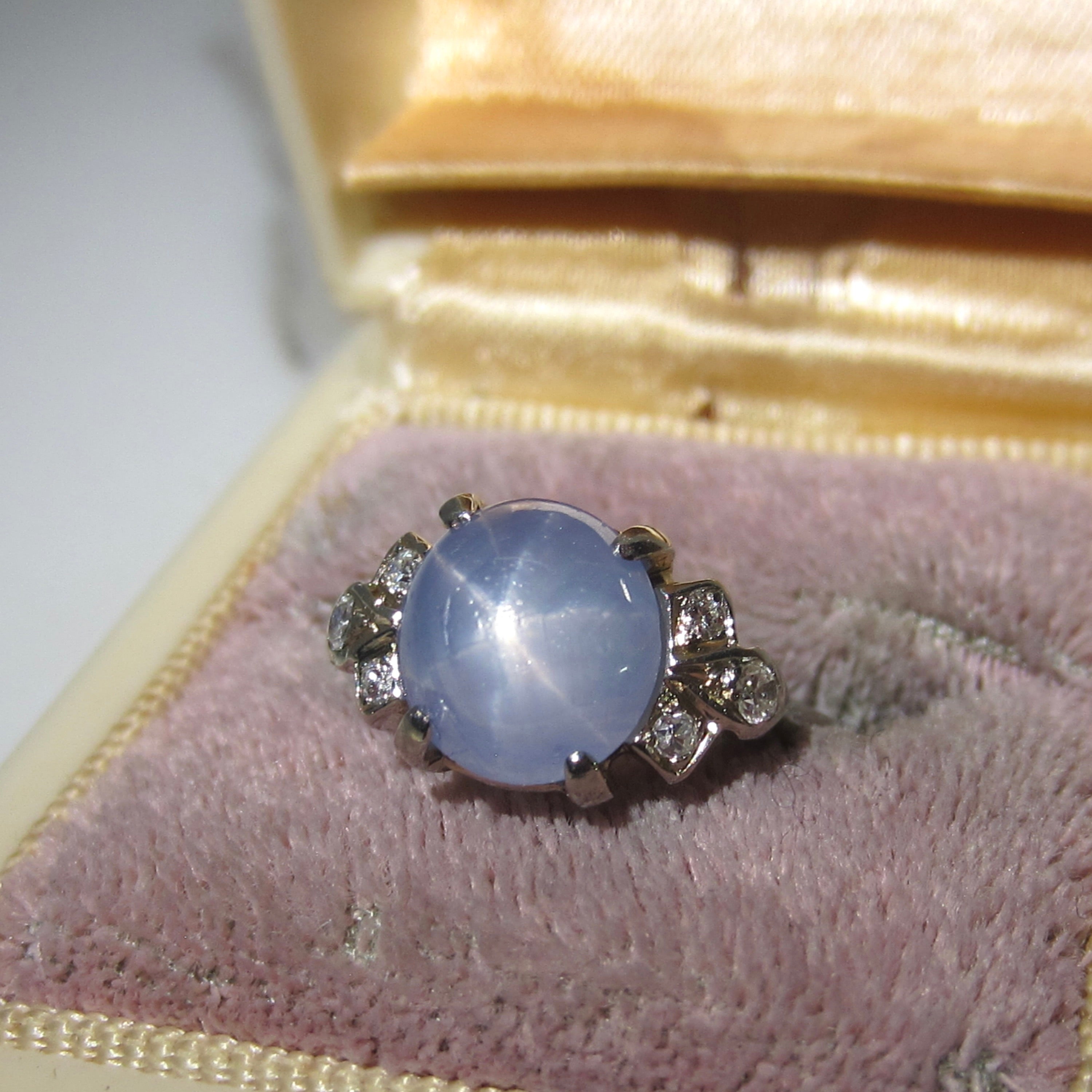 Vintage 14k White Gold Natural Star Sapphire and Diamond Ring c.1940s