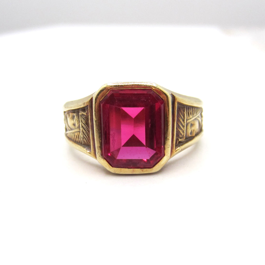 Vintage 14k Gold Art Deco Egyptian Revival Lab Ruby Signet Ring c.1930s