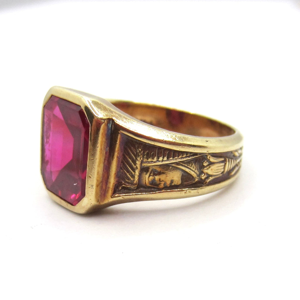 Vintage 14k Gold Art Deco Egyptian Revival Lab Ruby Signet Ring c.1930s