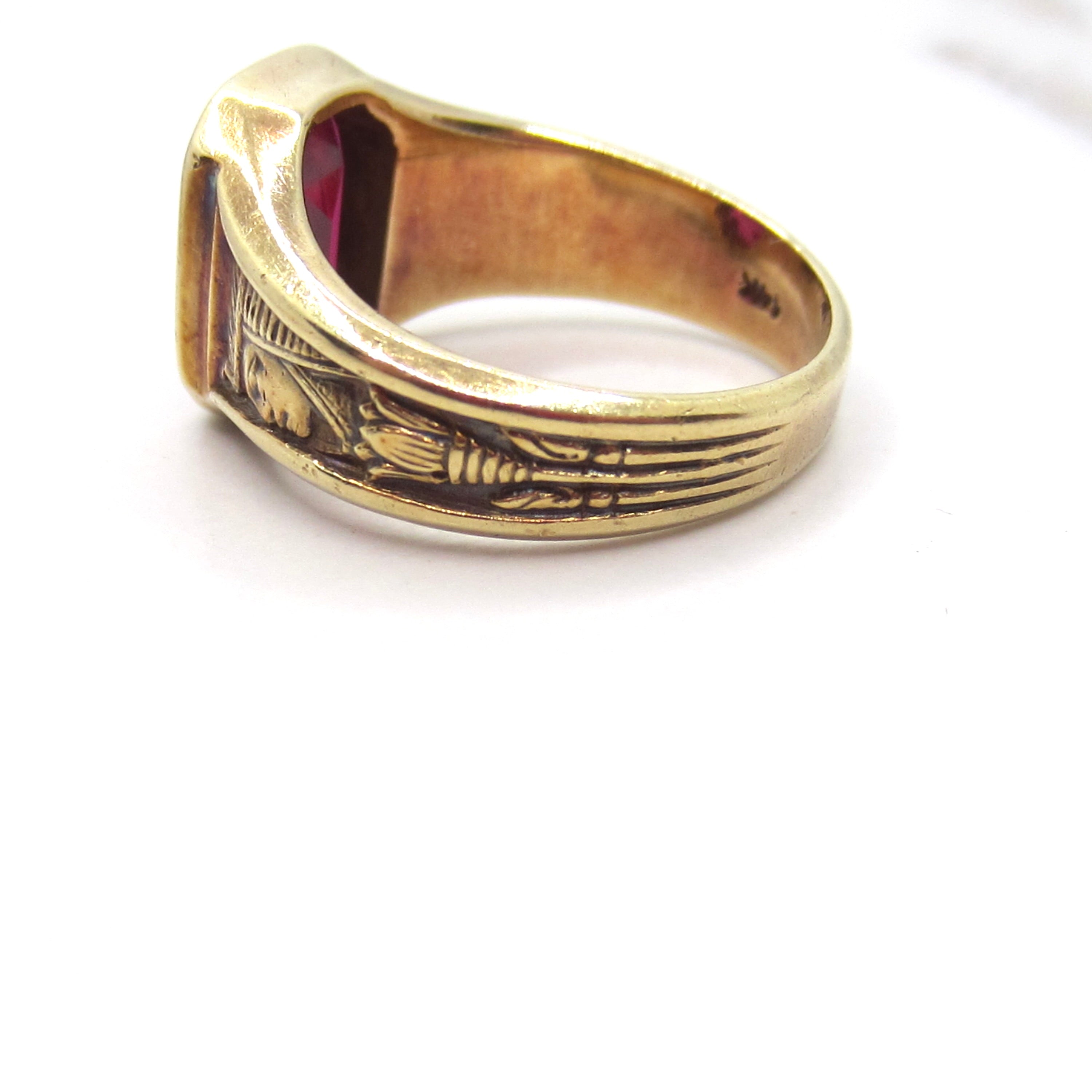 Vintage 14k Gold Art Deco Egyptian Revival Lab Ruby Signet Ring c.1930s