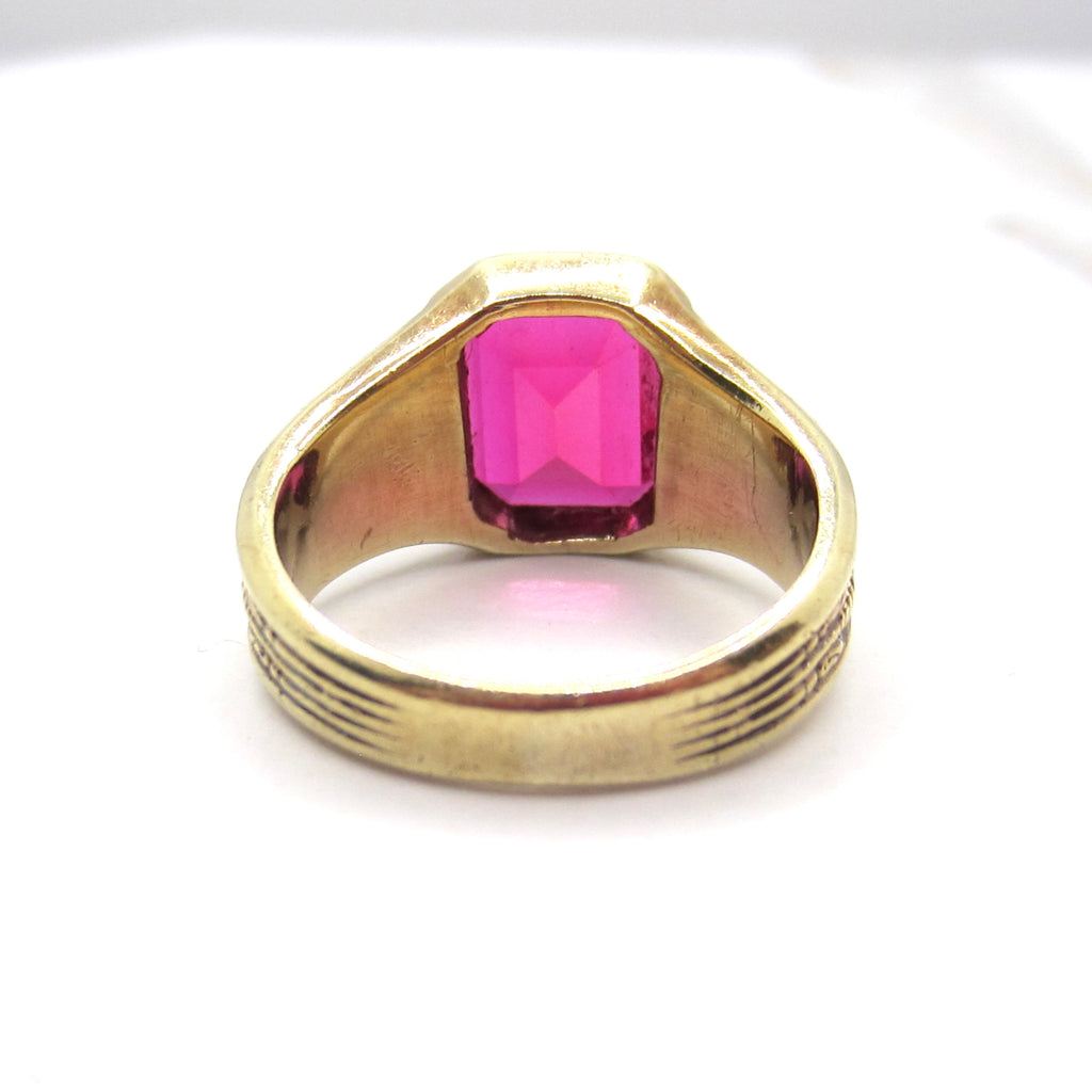 Vintage 14k Gold Art Deco Egyptian Revival Lab Ruby Signet Ring c.1930s