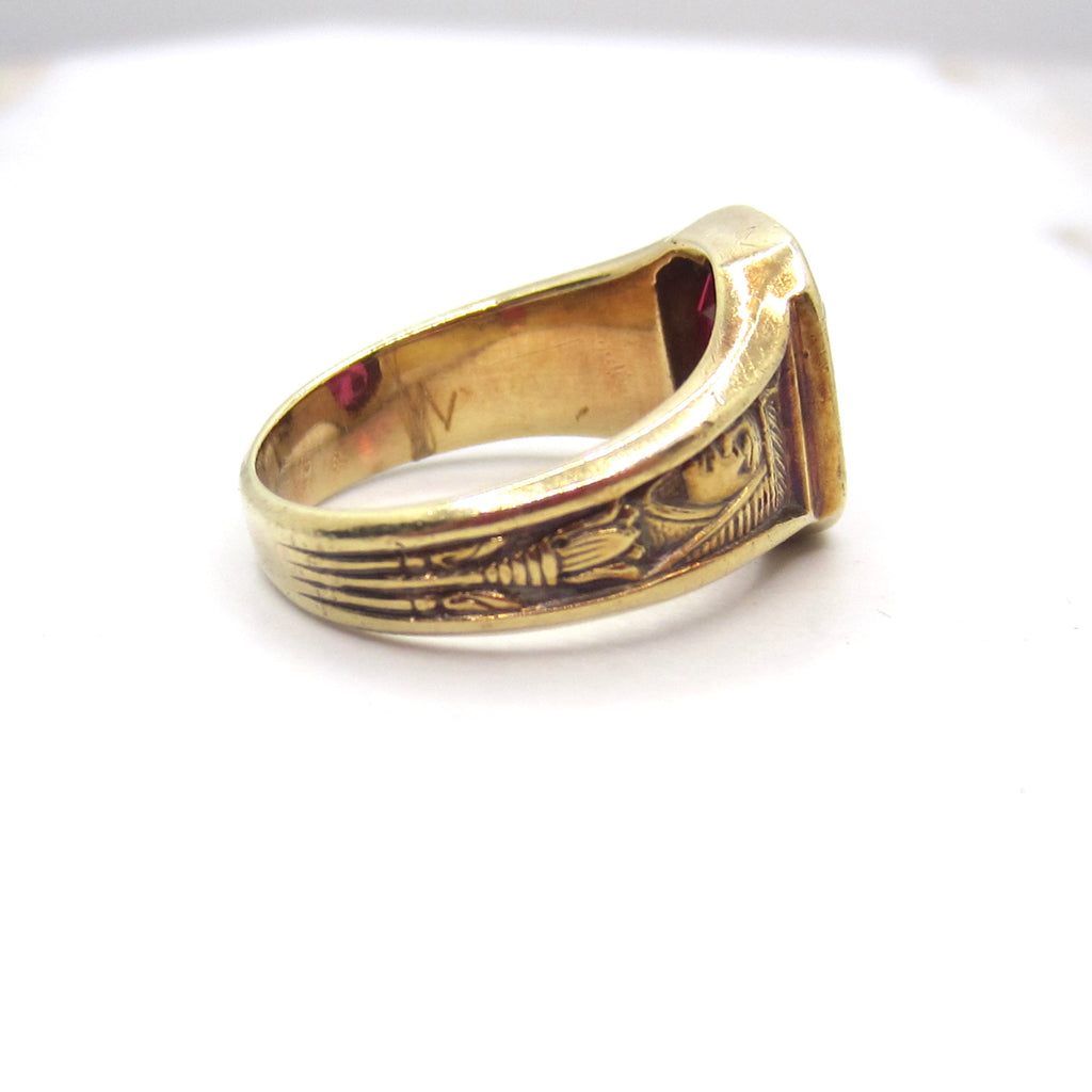 Vintage 14k Gold Art Deco Egyptian Revival Lab Ruby Signet Ring c.1930s