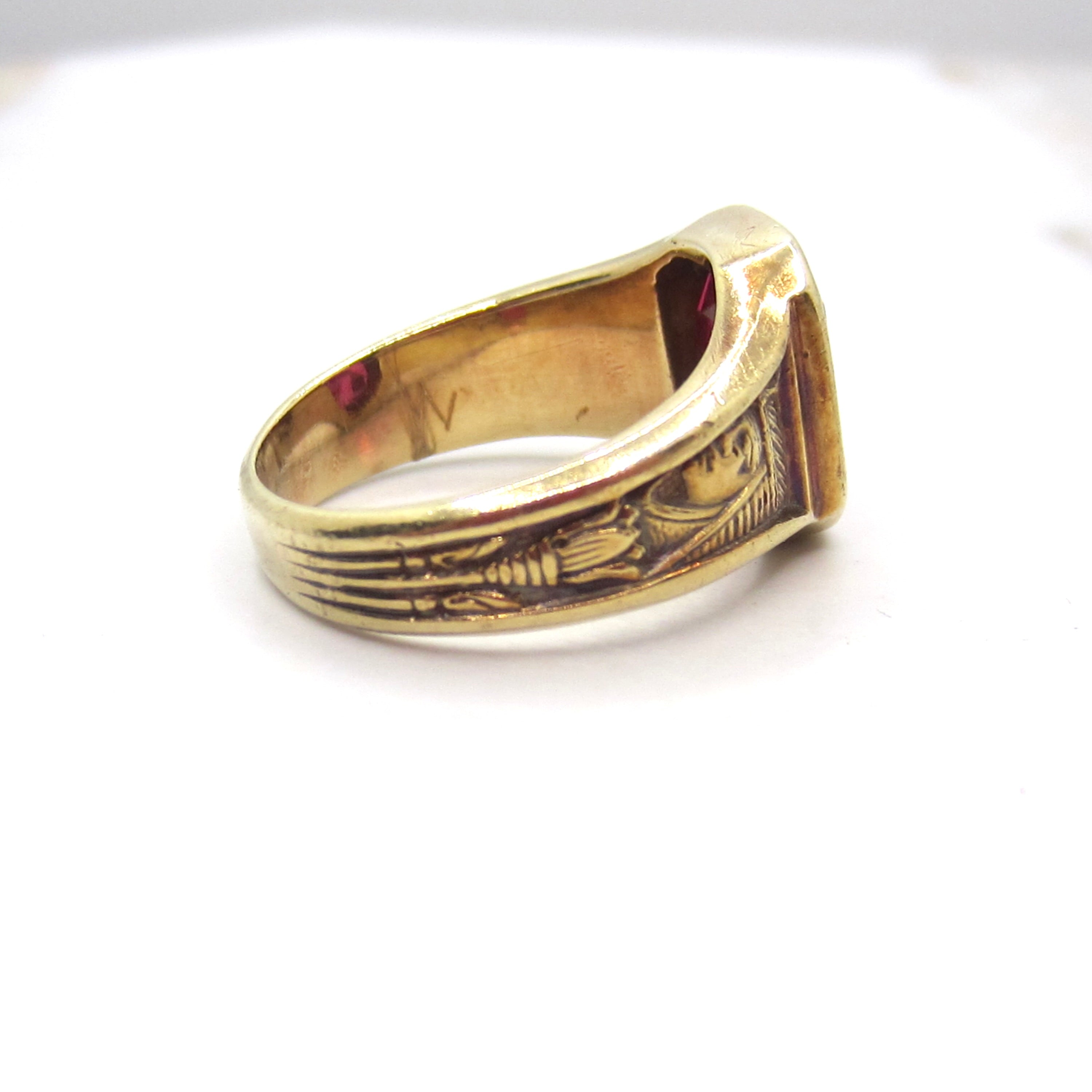 Vintage 14k Gold Art Deco Egyptian Revival Lab Ruby Signet Ring c.1930s