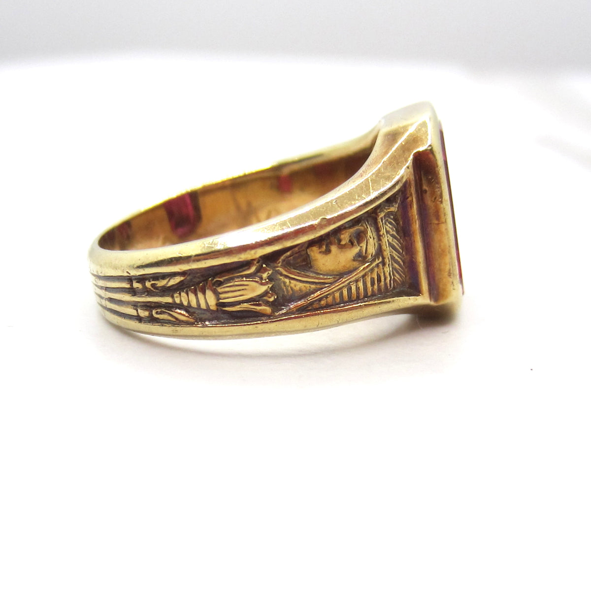 Vintage 14k Gold Art Deco Egyptian Revival Lab Ruby Signet Ring c.1930s