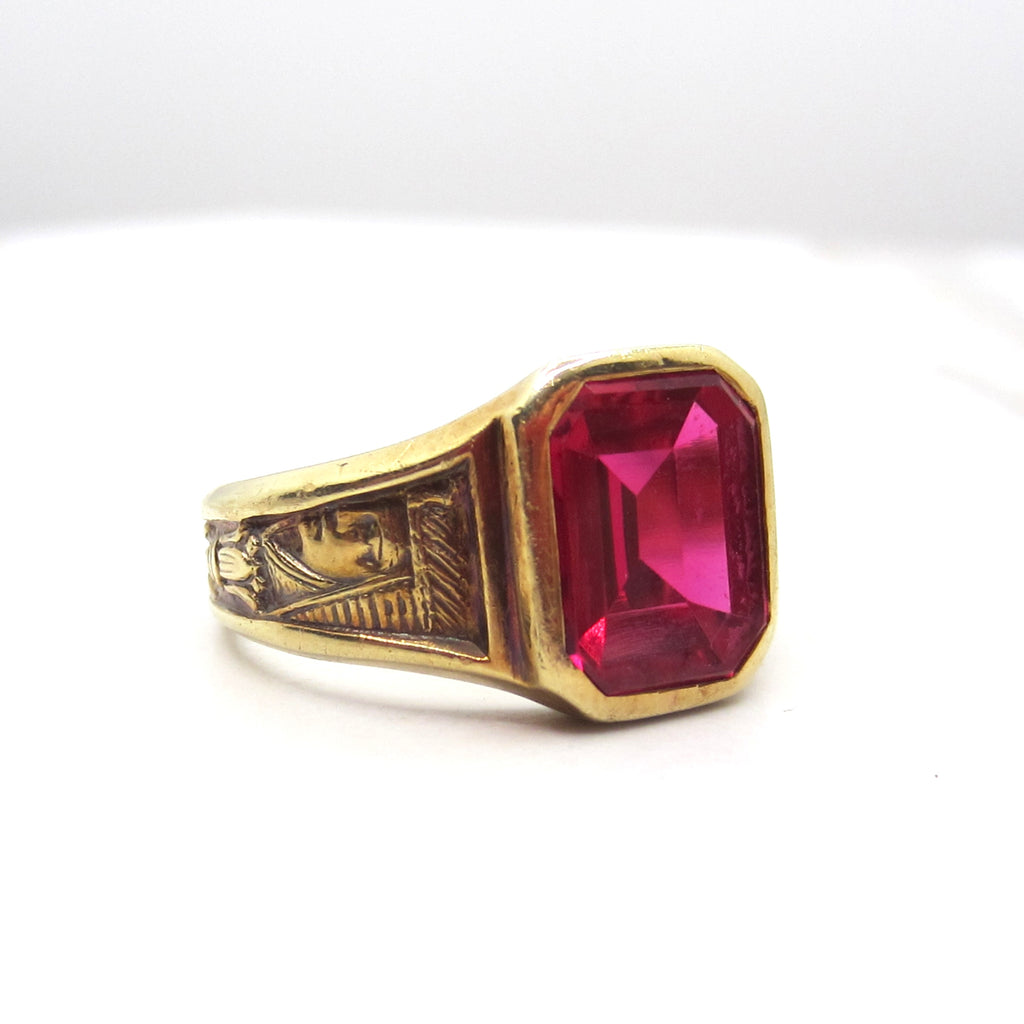 Vintage 14k Gold Art Deco Egyptian Revival Lab Ruby Signet Ring c.1930s