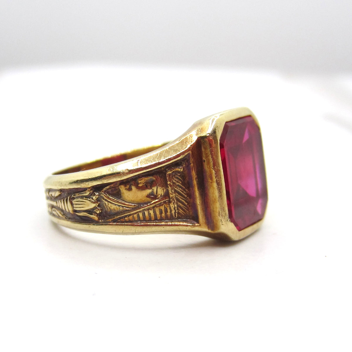 Vintage 14k Gold Art Deco Egyptian Revival Lab Ruby Signet Ring c.1930s