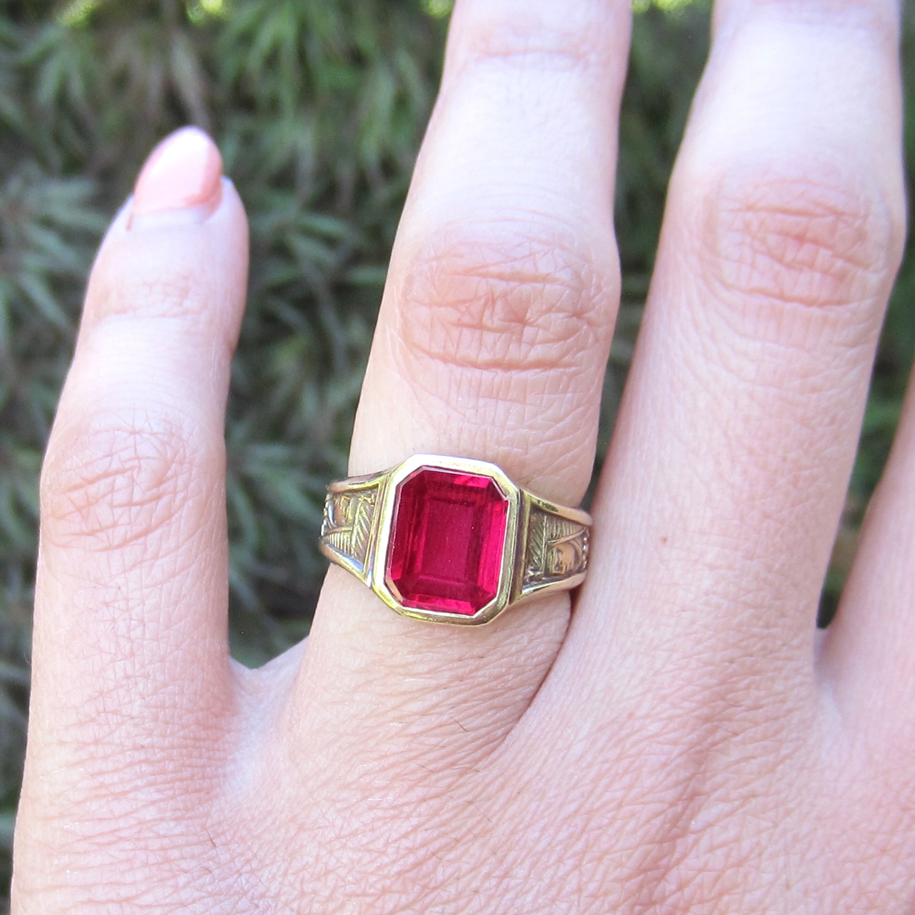 Vintage 14k Gold Art Deco Egyptian Revival Lab Ruby Signet Ring c.1930s