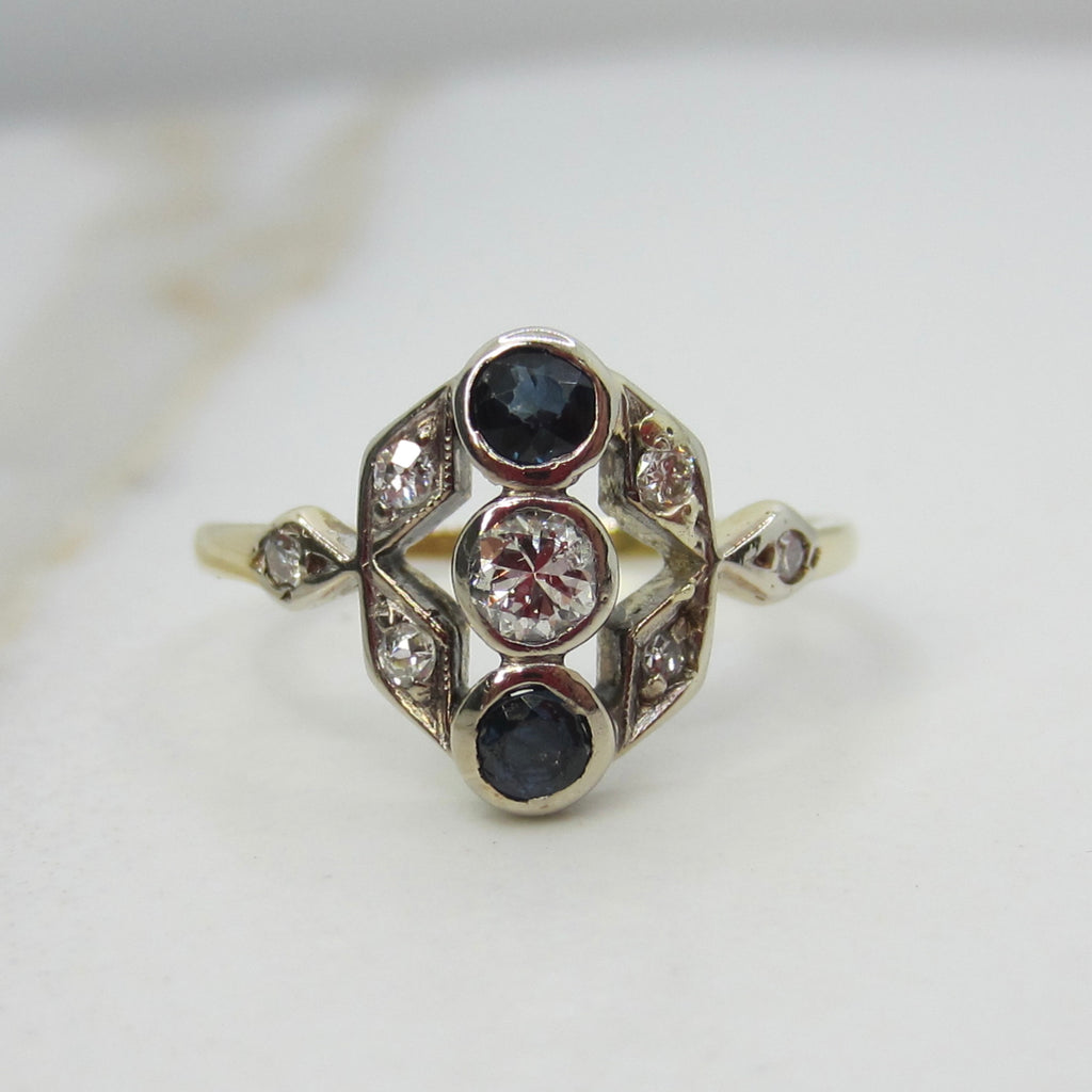 Art Deco 14k Gold Ring with Natural Sapphires and Diamonds c.1920s