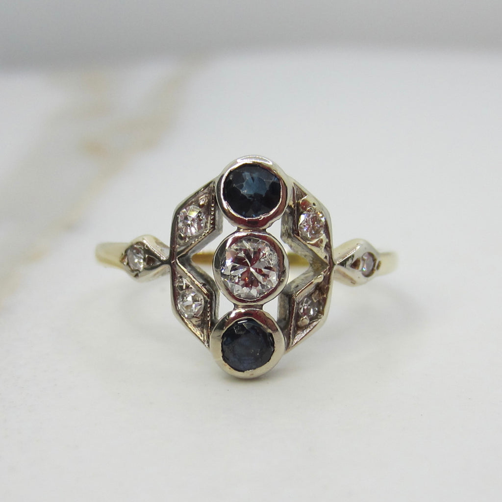 Art Deco 14k Gold Ring with Natural Sapphires and Diamonds c.1920s
