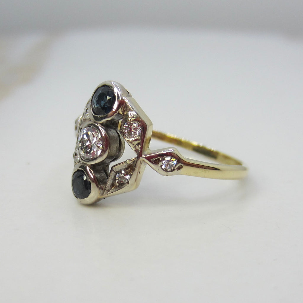 Art Deco 14k Gold Ring with Natural Sapphires and Diamonds c.1920s